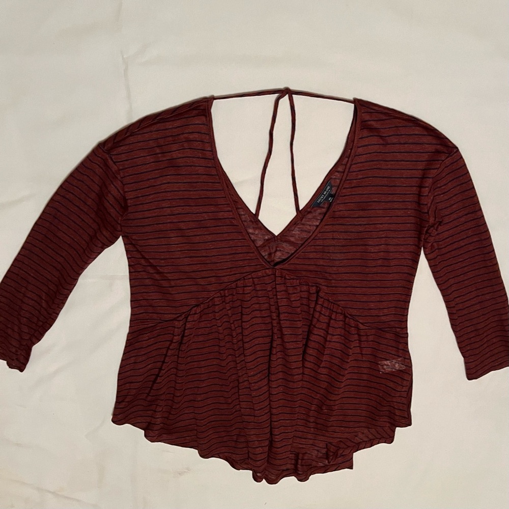 Lucky Brand 100” Linen XS Burgundy & Navy Blue Stripped 3/4” Sleeve Women’s Top.